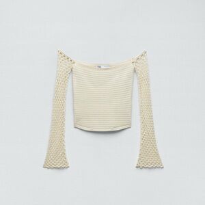 Zara Cream Off-Shoulder Crochet Sleeve Sweater